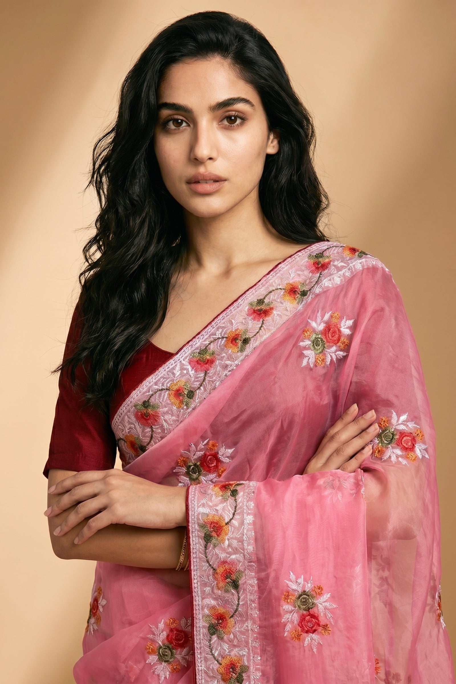 Pastel Pink Floral Thread Embroidery Soft Organza Silk Saree