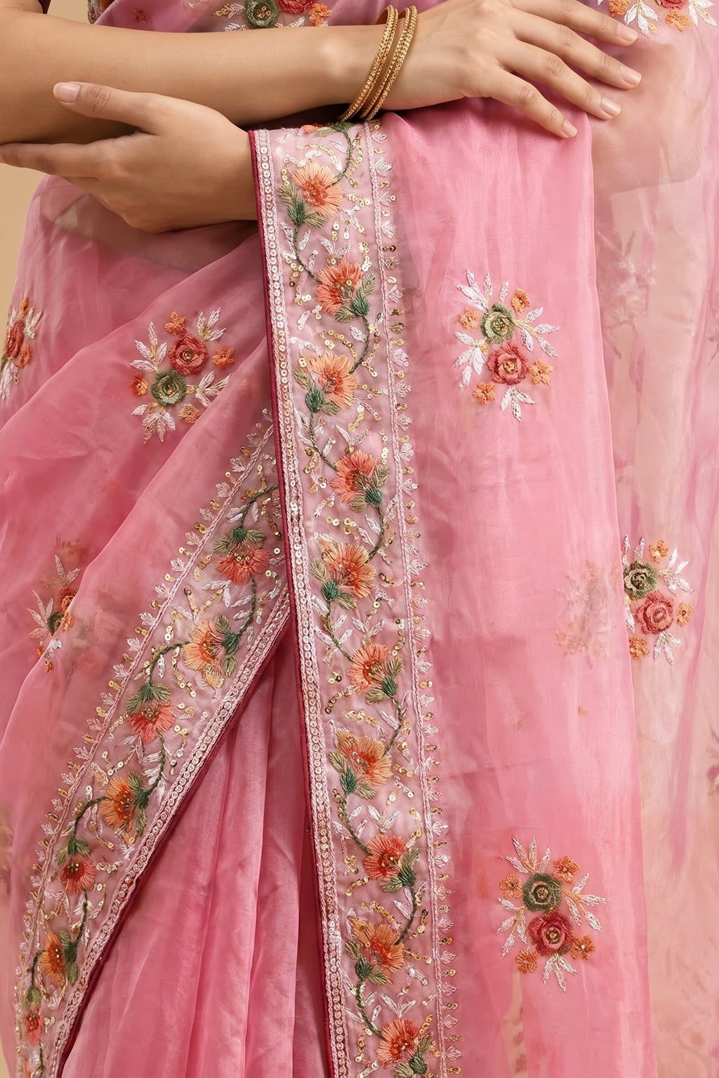 Pastel Pink Floral Thread Embroidery Soft Organza Silk Saree