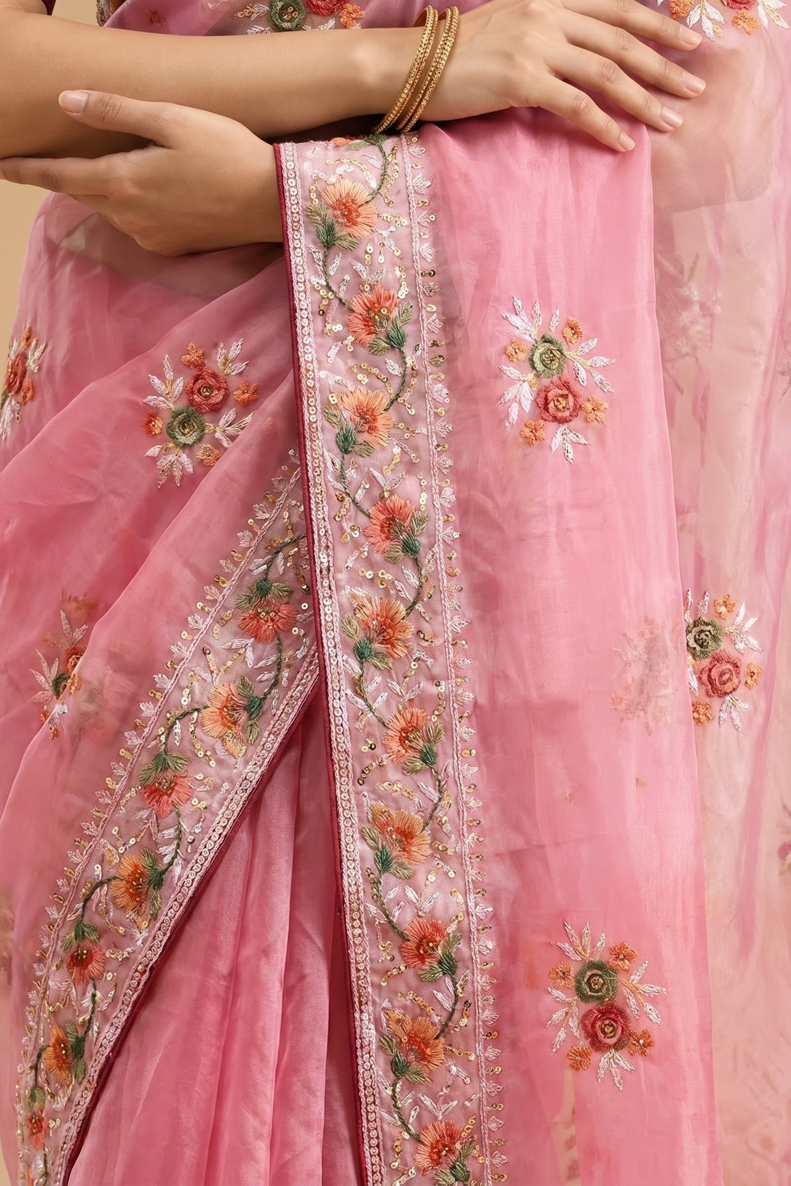 Pastel Pink Floral Thread Embroidery Soft Organza Silk Saree