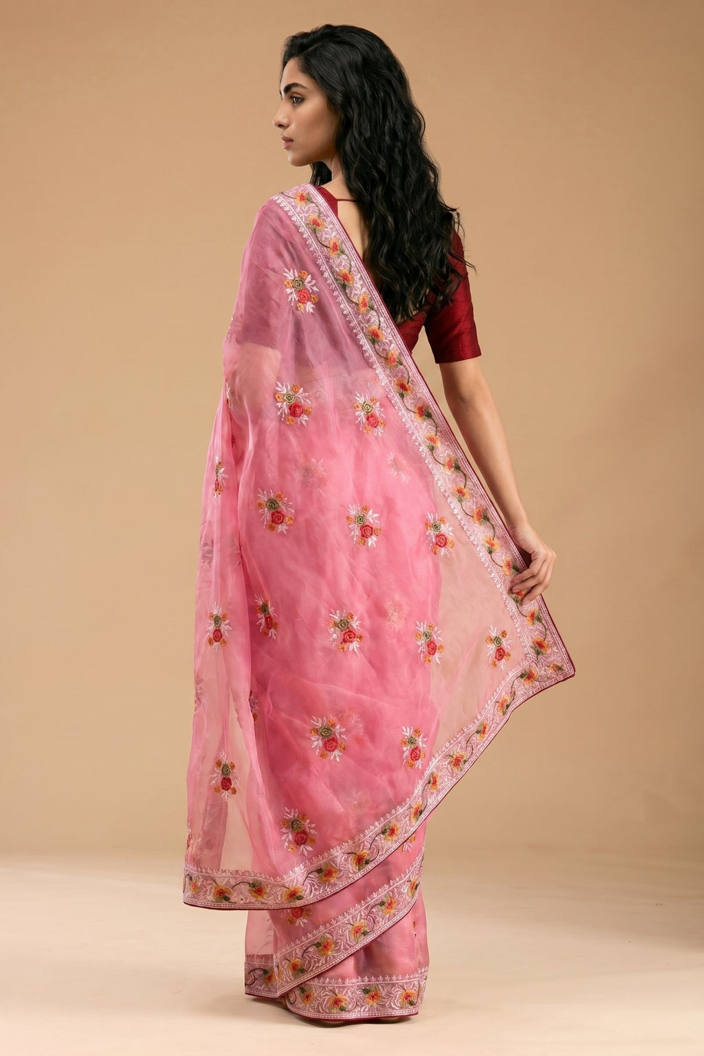 Pastel Pink Floral Thread Embroidery Soft Organza Silk Saree