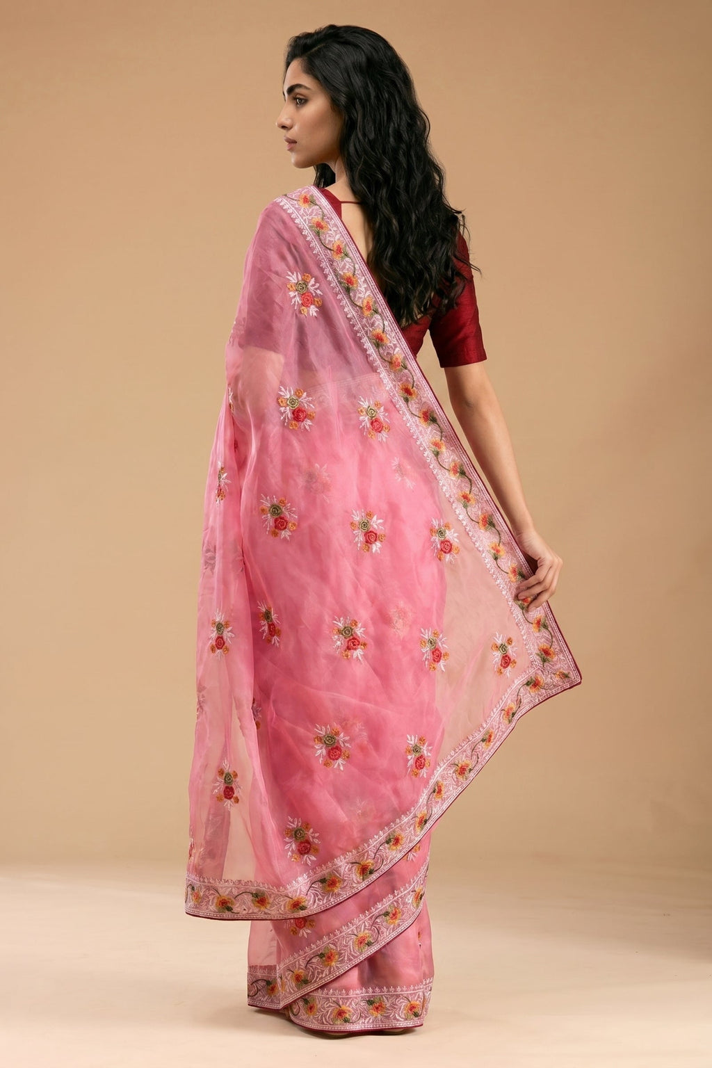 Pastel Pink Floral Thread Embroidery Soft Organza Silk Saree