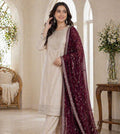 Cream Embroidered Salwar Kameez with Maroon Dupatta