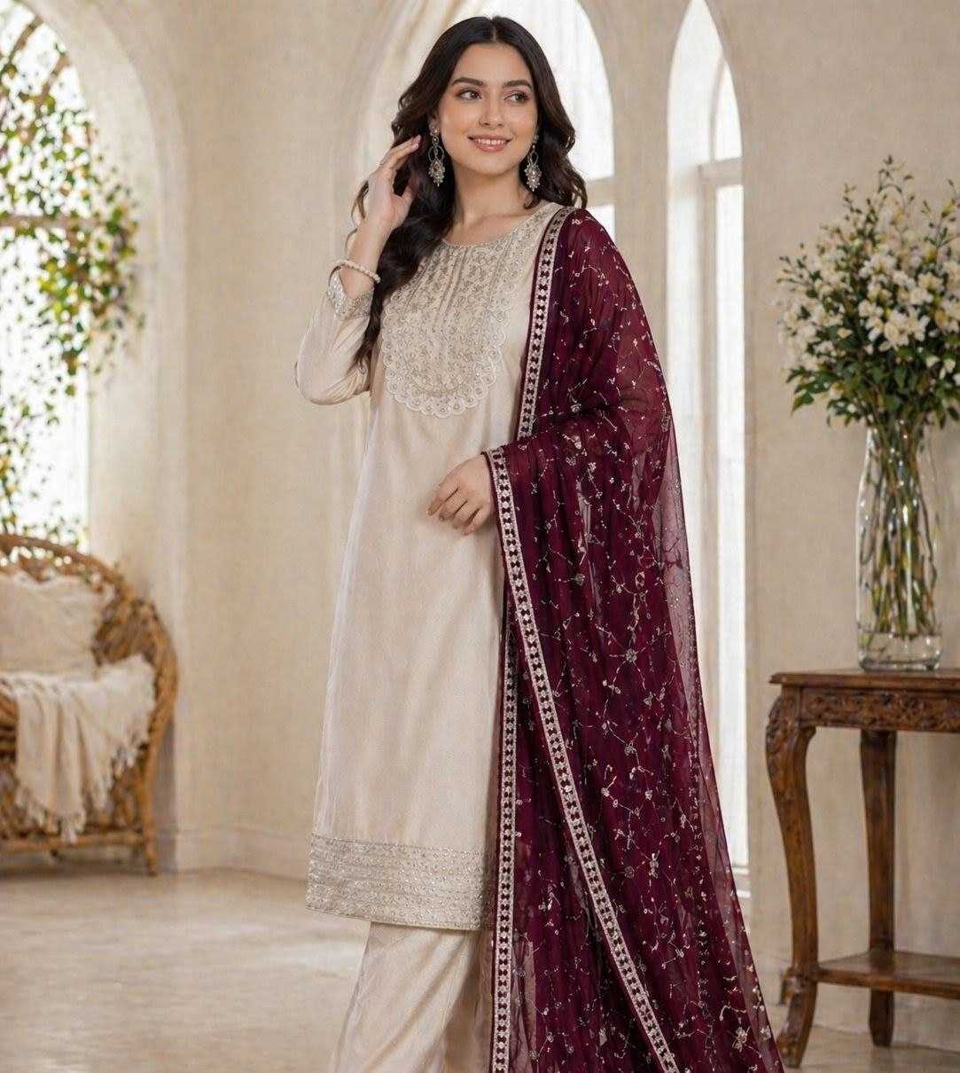 Cream Embroidered Salwar Kameez with Maroon Dupatta