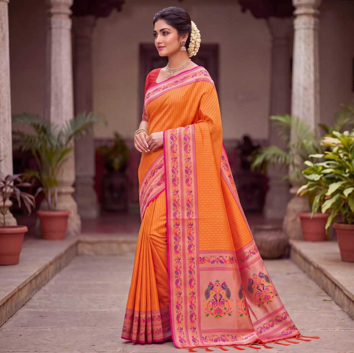 Paithani Soft Silk Saree with zari stripes and rich pallu - Image 1