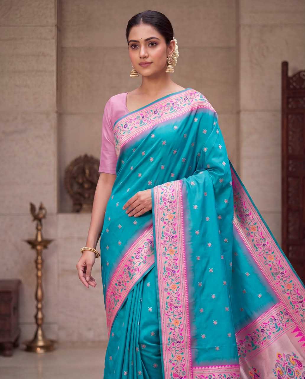 Paithani Soft Silk Saree with woven butti design and rich zari pallu - Image 3