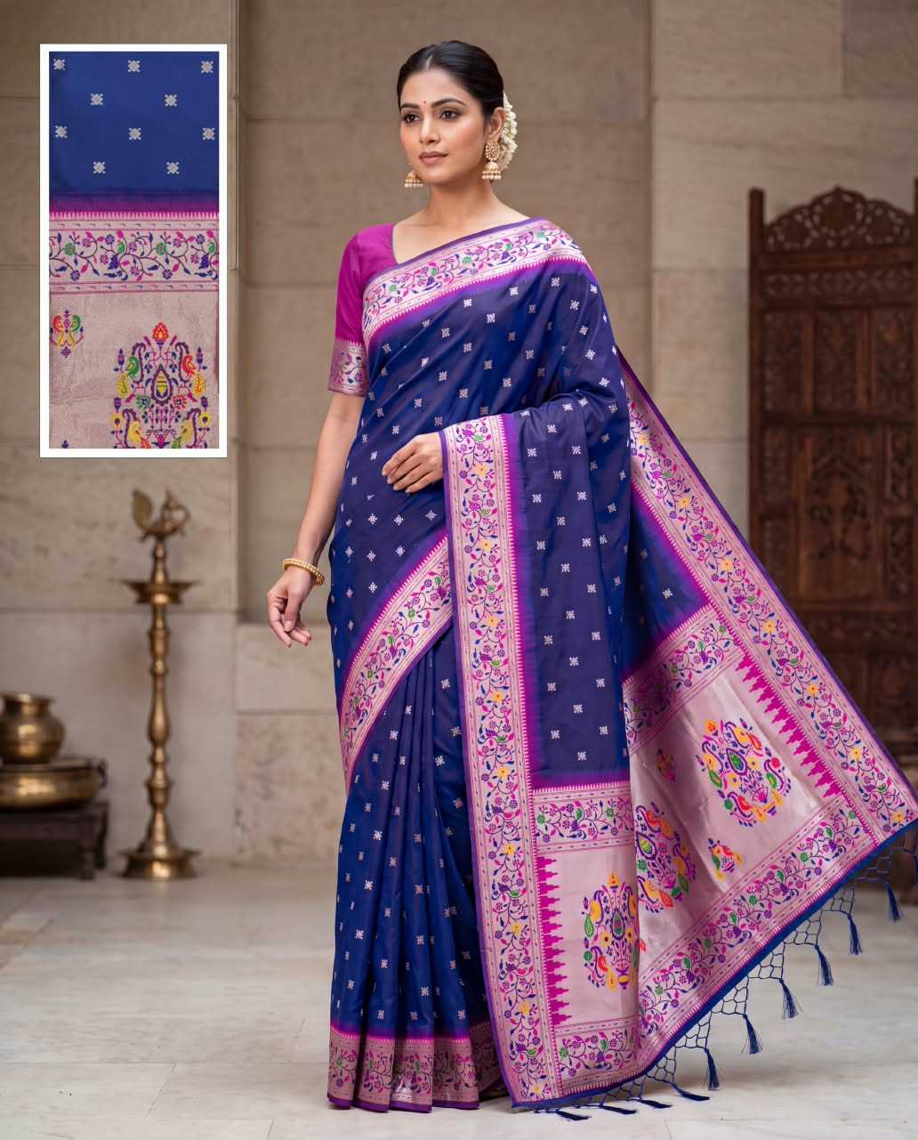 Paithani Soft Silk Saree with woven butti design and rich zari pallu - Image 4