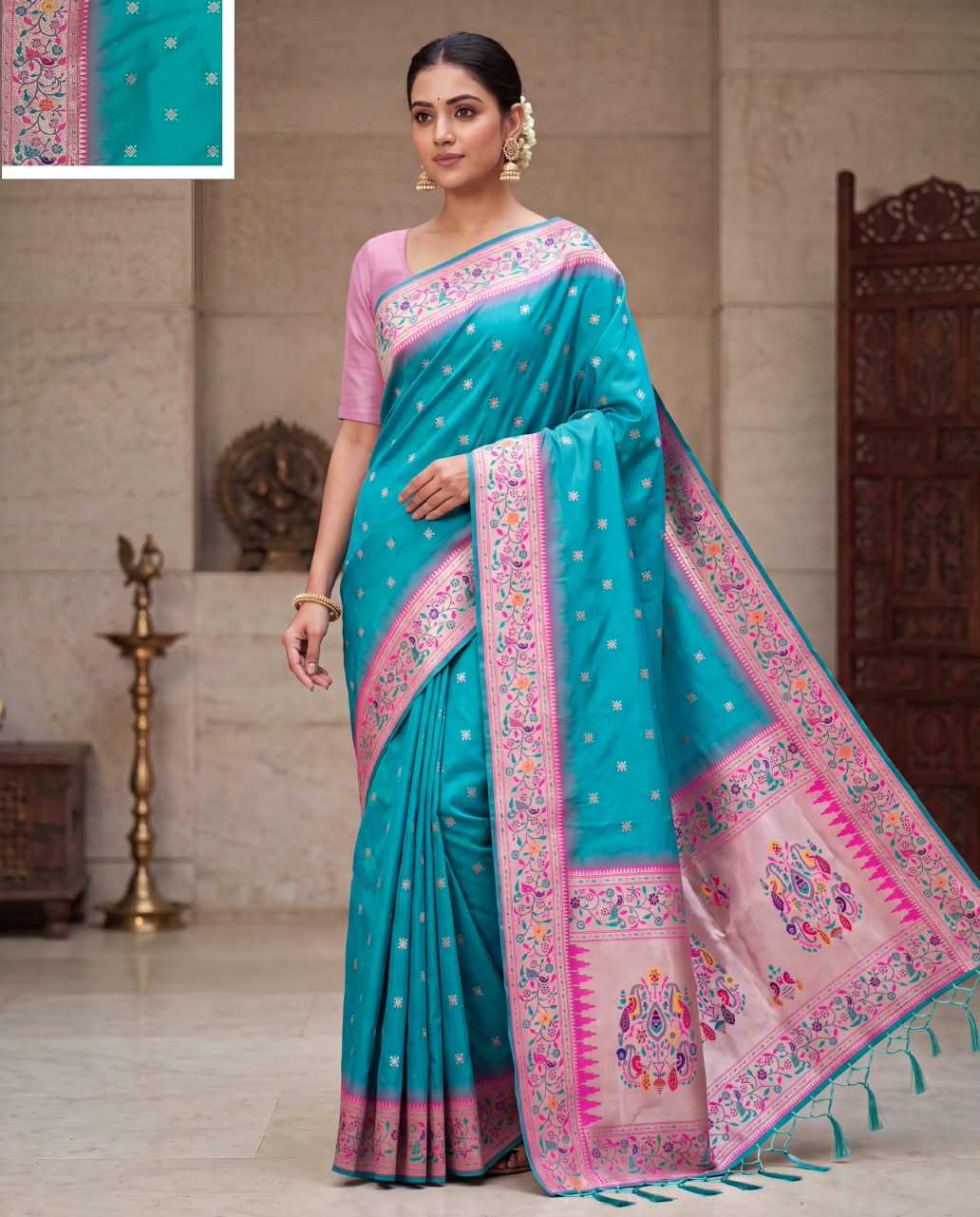 Paithani Soft Silk Saree with woven butti design and rich zari pallu - Image 5