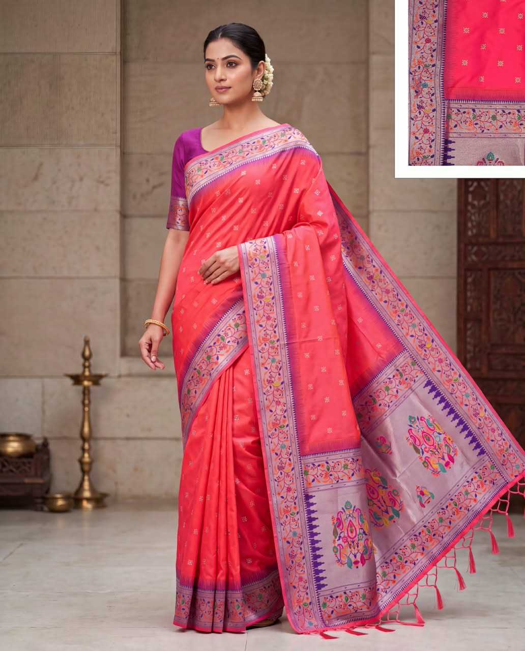 Paithani Soft Silk Saree with woven butti design and rich zari pallu - Image 6