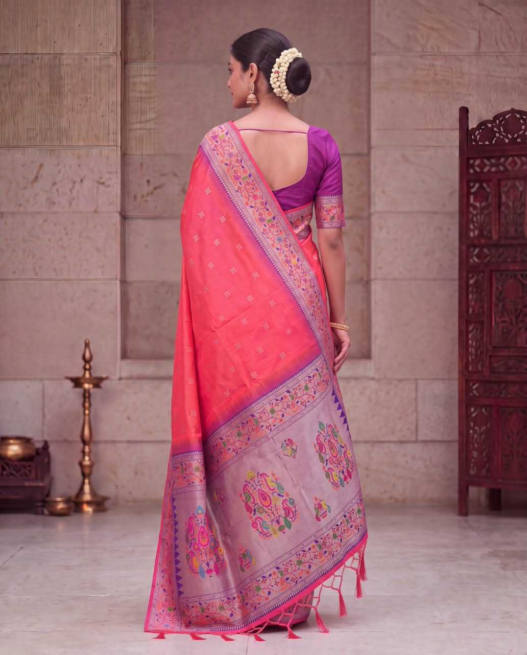 Paithani Soft Silk Saree with woven butti design and rich zari pallu - Image 8