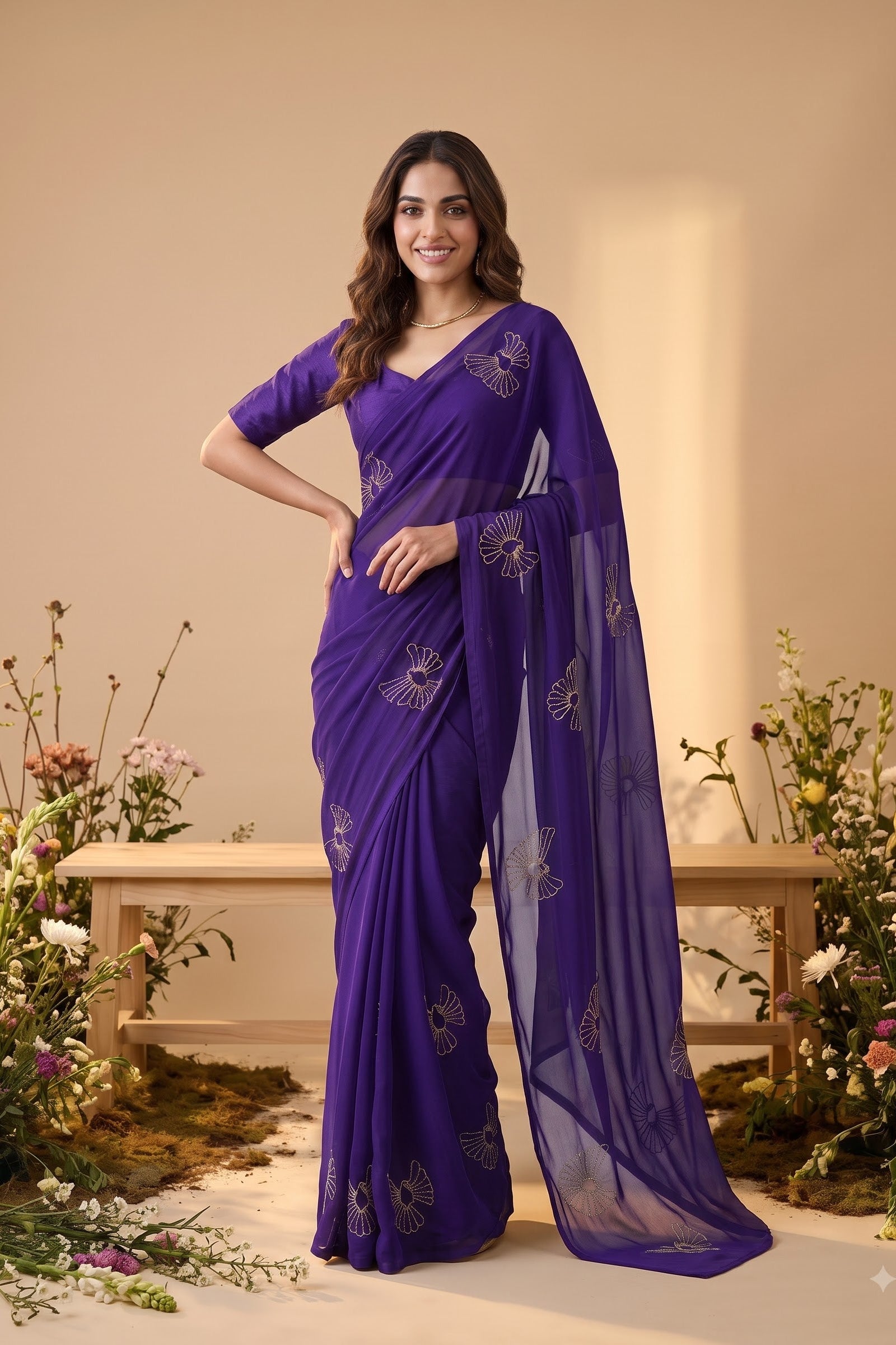 A woman models a purple georgette saree with butterfly embroidery, standing in front of a beige backdrop decorated with flowers and a wooden bench.