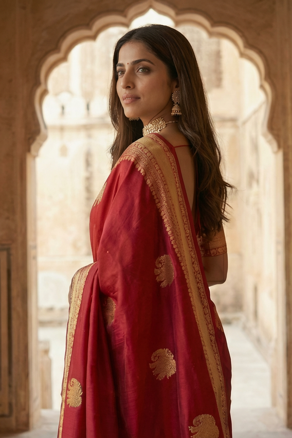 Woman in a red saree with gold patterns standing in an archway.