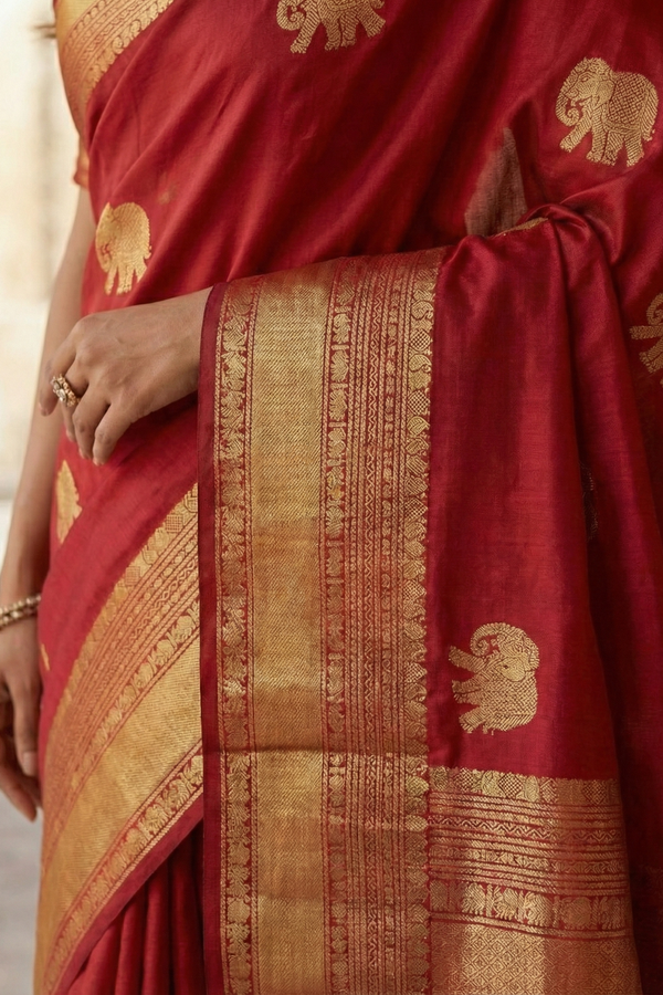 Red saree with gold patterns and elephant designs, held by a person.