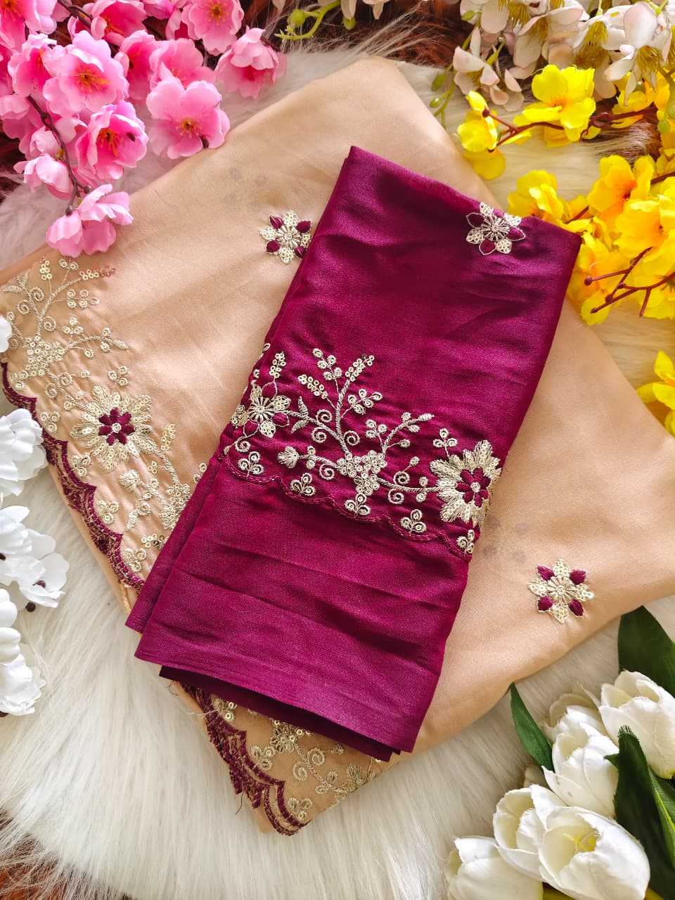 Beige and Wine Multi-Sequence Embroidered Georgette Saree - Image 1