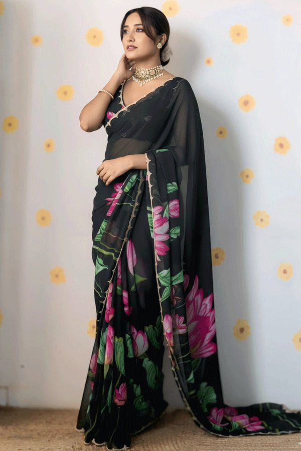 Black Soft Organza Celebrity Style Saree with Cutdana Moti Work