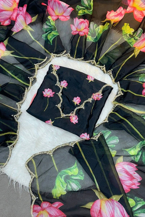 Black Soft Organza Celebrity Style Saree with Cutdana Moti Work