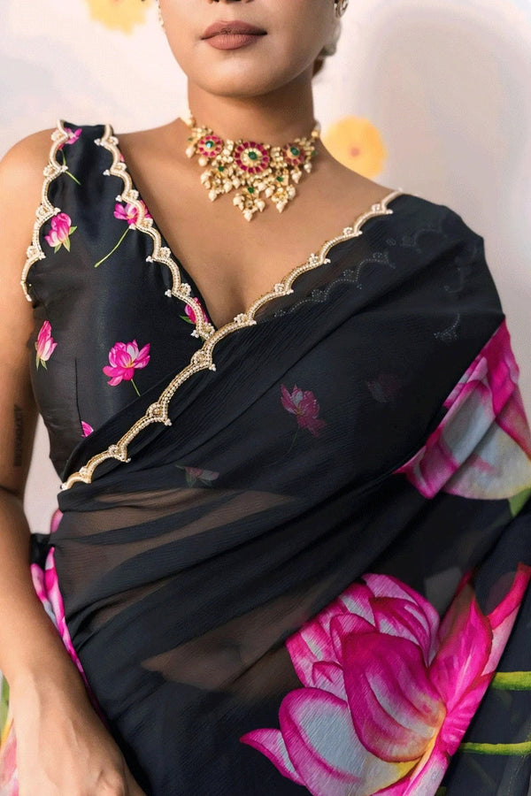 Black Soft Organza Celebrity Style Saree with Cutdana Moti Work