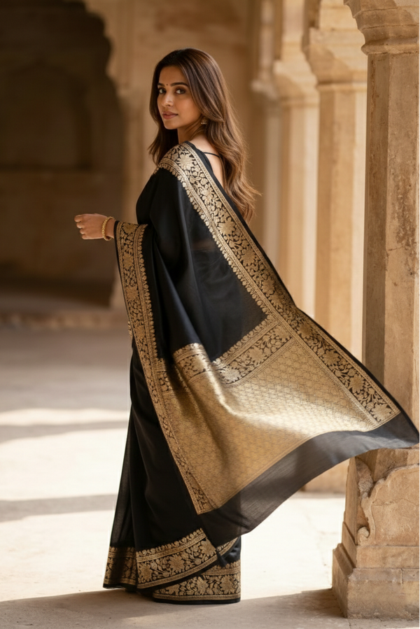 Woman wearing a black and gold saree in an architectural setting