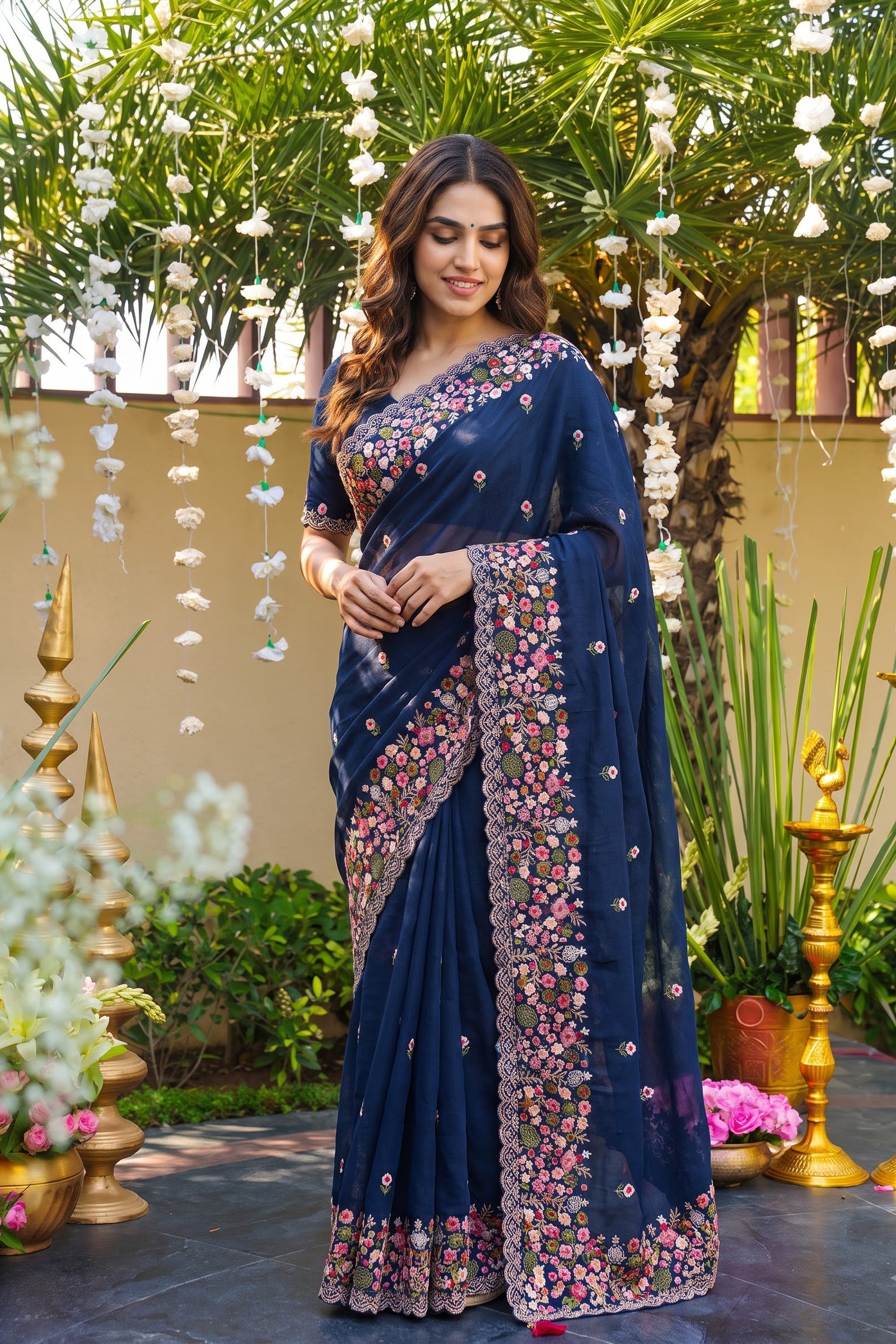 A woman wearing a navy blue saree with intricate floral embroidery and gold zari detailing, standing in a decorated outdoor courtyard with hanging flowers and brass lamps.