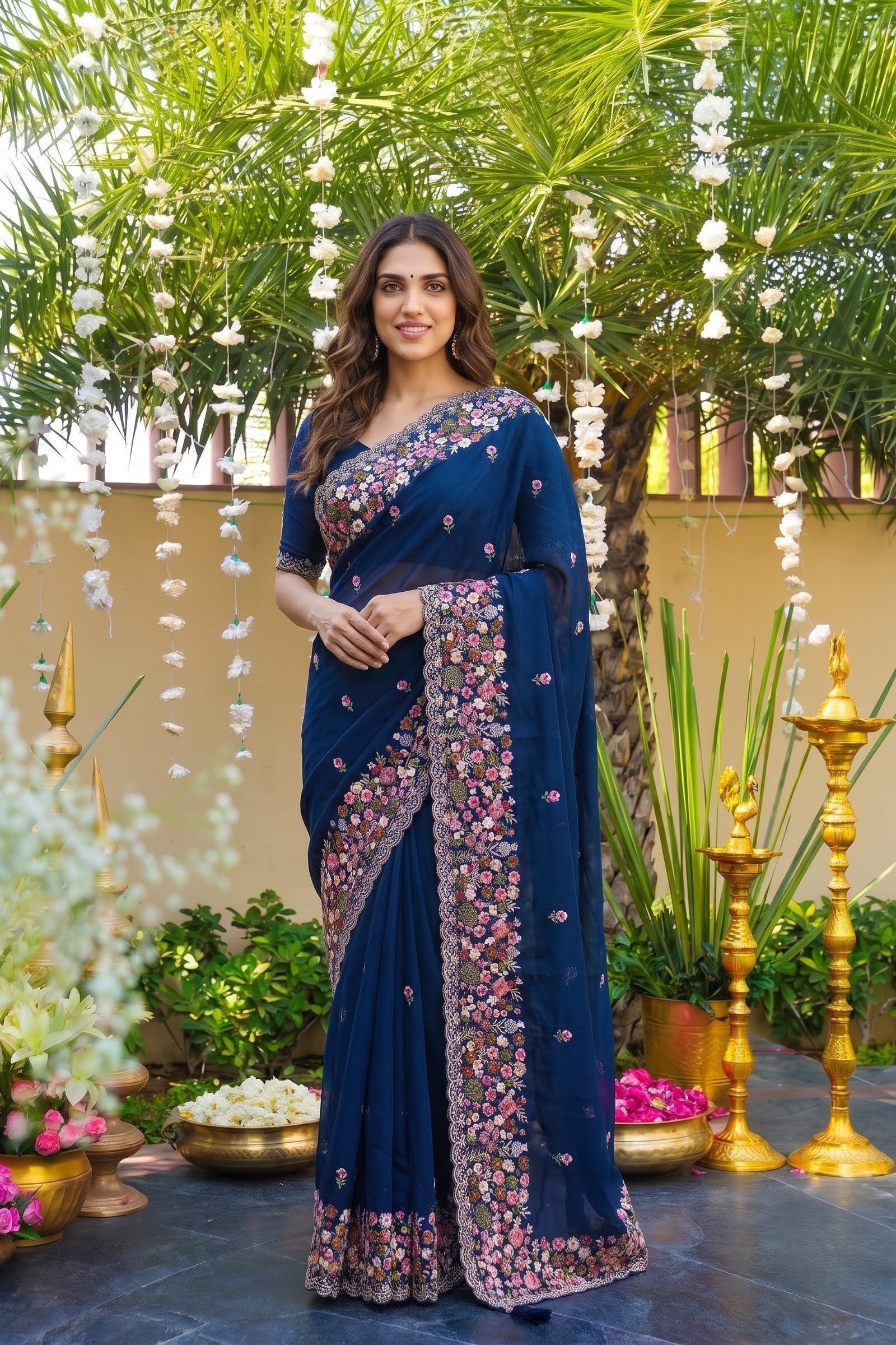 A woman stands outdoors in a decorated garden courtyard wearing a navy blue saree with intricate floral embroidery and a matching border. The setting includes hanging white flower garlands, potted plants, gold lamps, and a beige wall in the background.