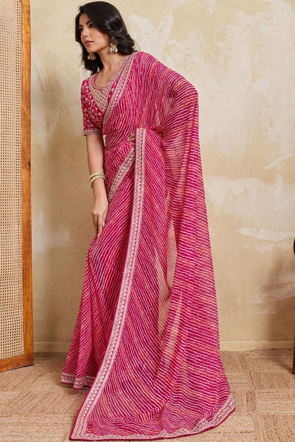 Georgette Leheriya Bandhej Saree with Embroidered Blouse