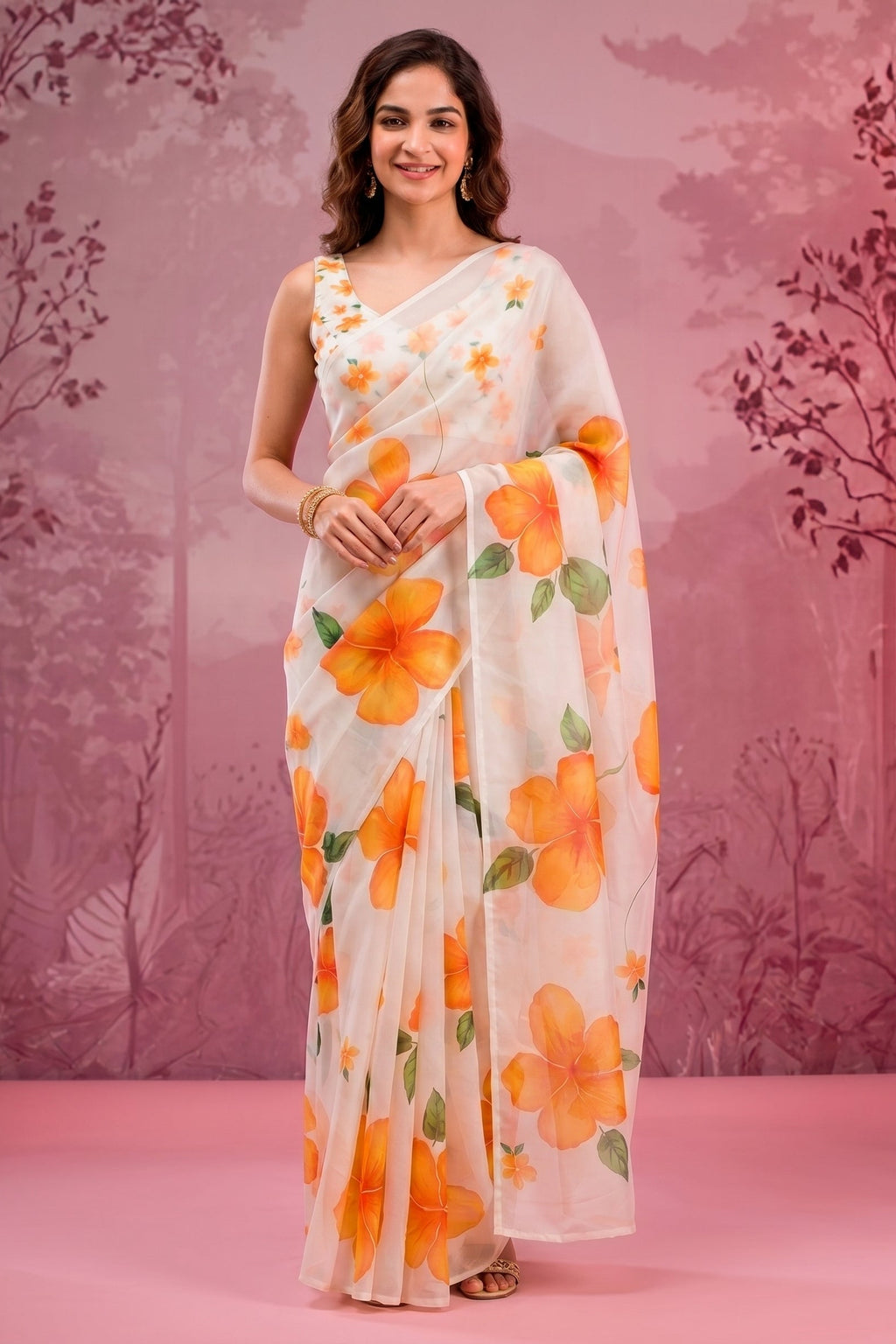 Woman wearing a floral saree with a pink background