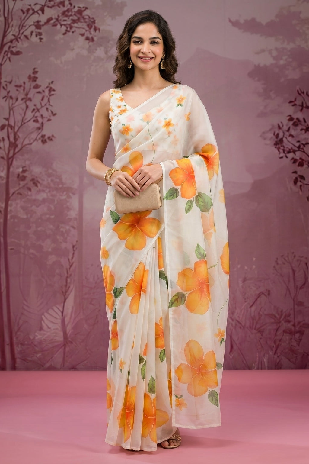 Woman wearing a floral saree with a pink background