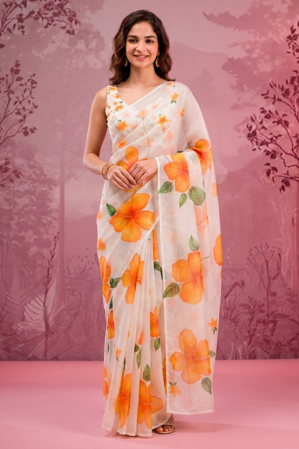 Woman wearing a floral saree with a pink background