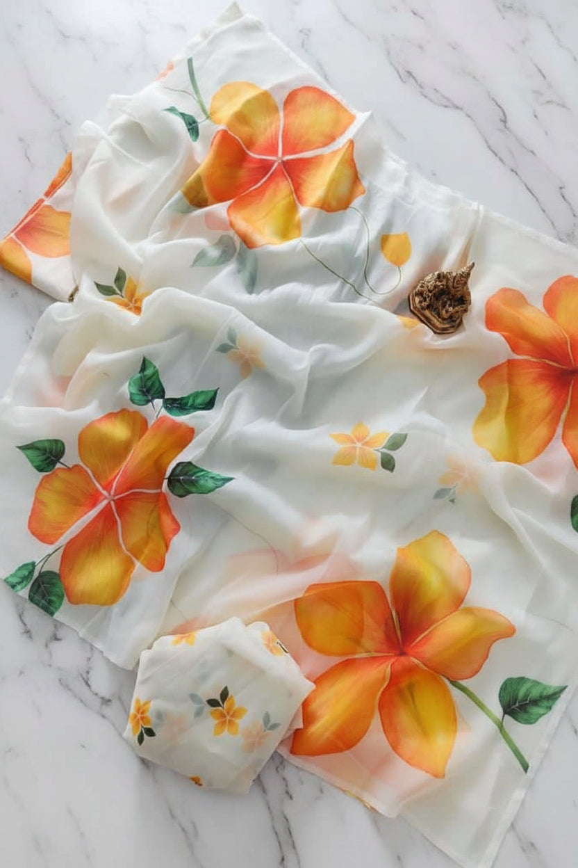 Floral fabric with orange and yellow flowers on a white background