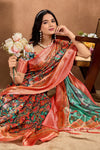 Multicolor Soft Silk Saree with Parrot Floral Print