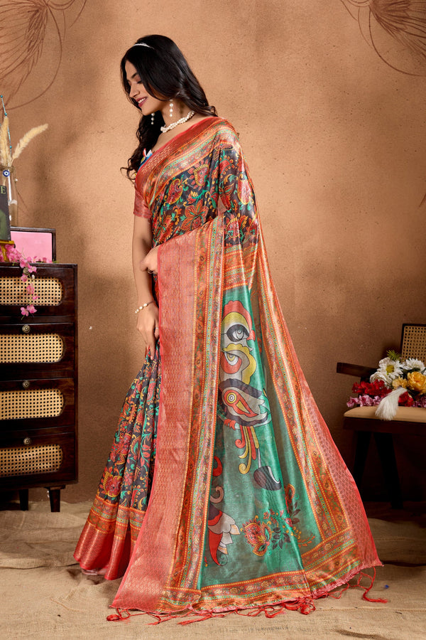 Multicolor Soft Silk Saree with Parrot Floral Print