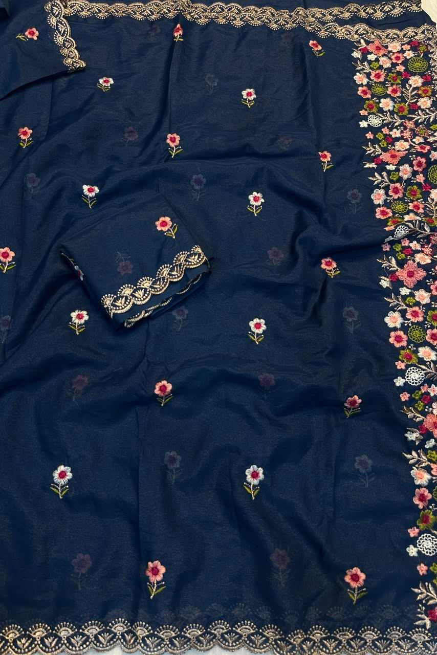 Navy blue georgette saree with multi-color floral embroidery and scalloped border - Image 1