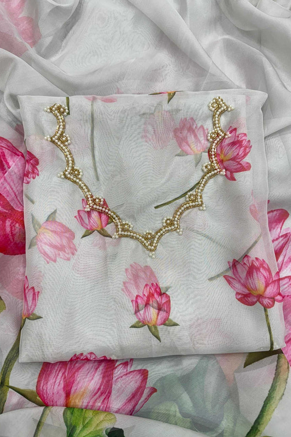 Off White Soft Organza Saree with Beads Katdana Handwork