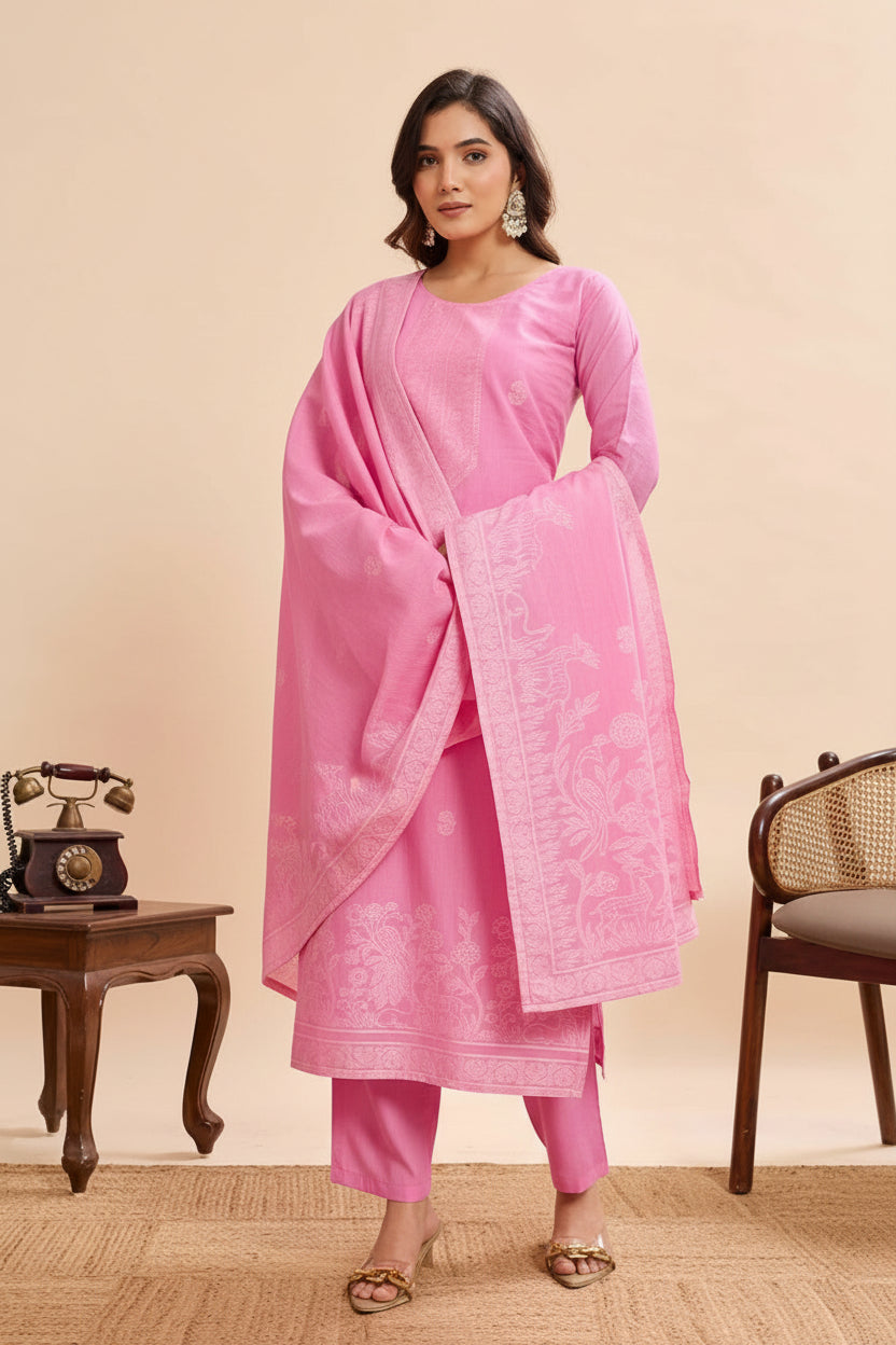 Pastel Pink Floral Jamdani Weave Pure Cotton Straight Suit Set