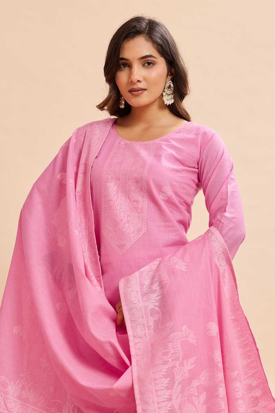 Pastel Pink Floral Jamdani Weave Pure Cotton Straight Suit Set