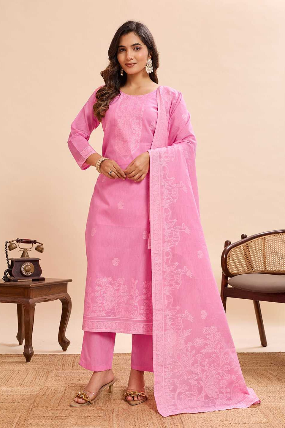 Pastel Pink Floral Jamdani Weave Pure Cotton Straight Suit Set