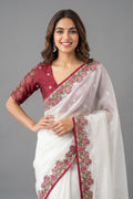 Pearl White Tissue Silk Saree With Maroon Cross Stitch Embroidery