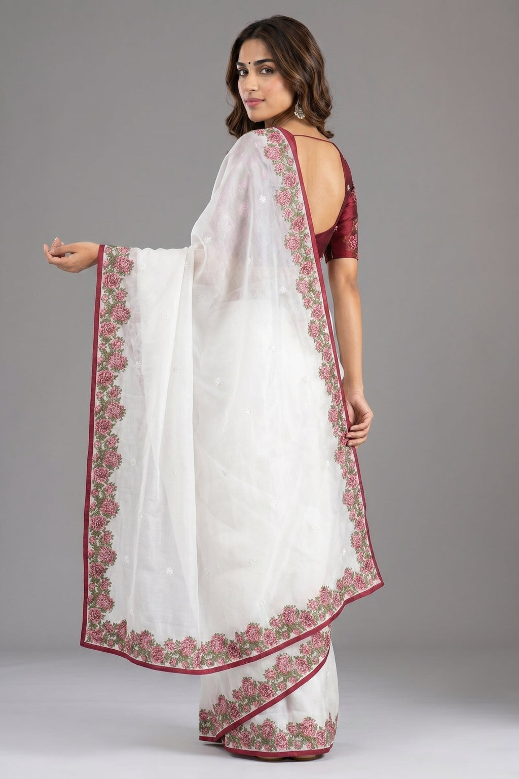 Pearl White Tissue Silk Saree With Maroon Cross Stitch Embroidery