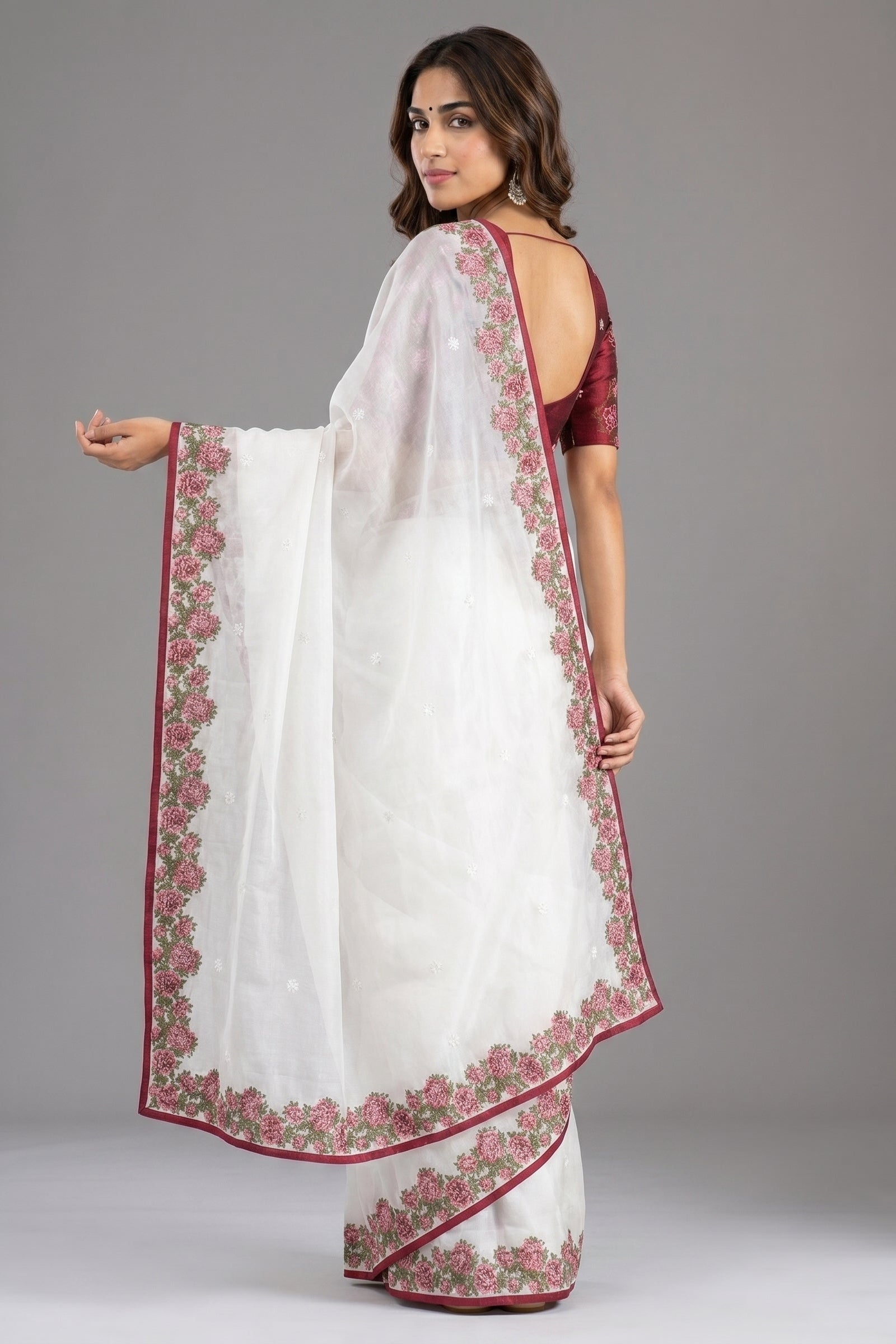 Pearl White Tissue Silk Saree With Maroon Cross Stitch Embroidery