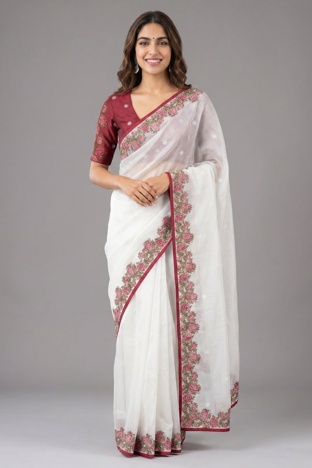 Pearl White Tissue Silk Saree With Maroon Cross Stitch Embroidery