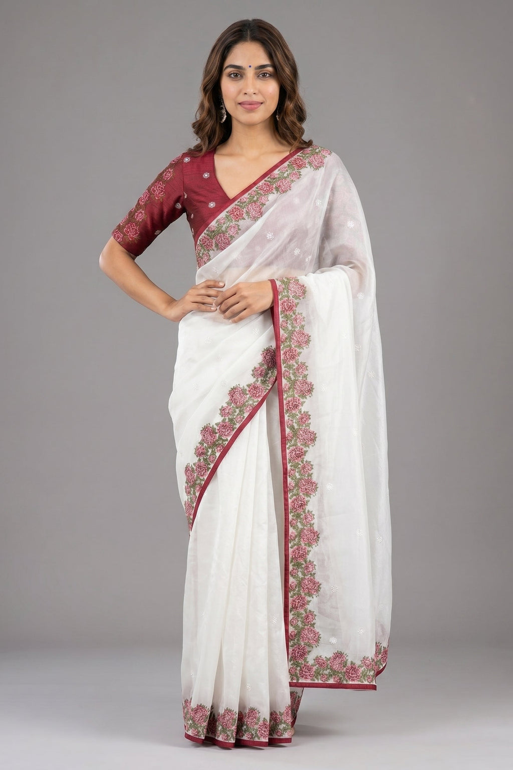 Pearl White Tissue Silk Saree With Maroon Cross Stitch Embroidery