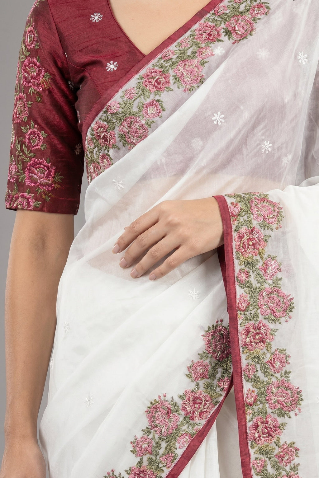 Pearl White Tissue Silk Saree With Maroon Cross Stitch Embroidery