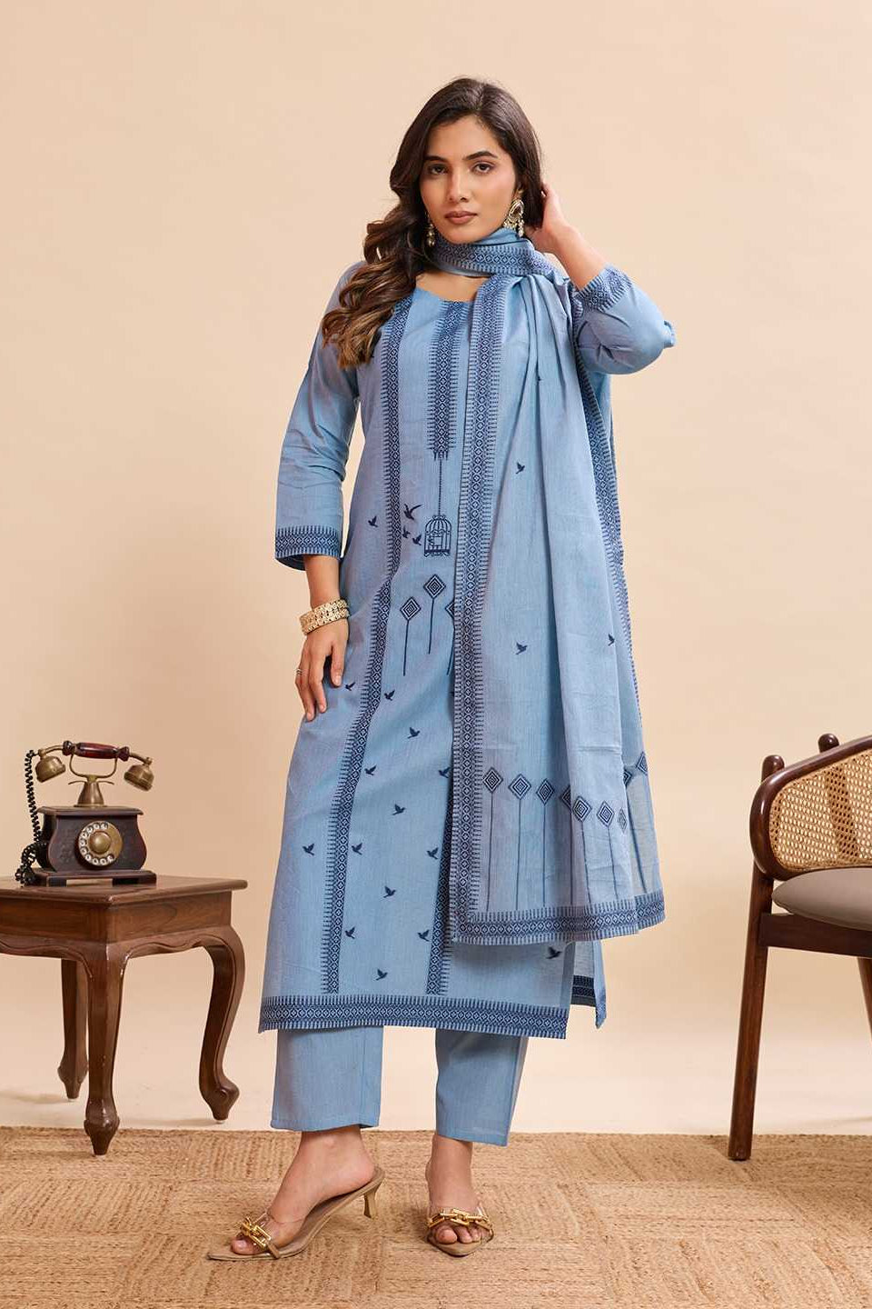 Powder Blue Bird Print Cotton Straight Kurta Set