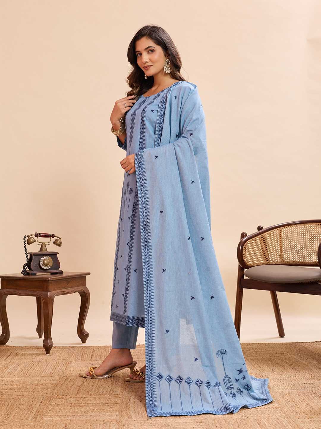 Powder Blue Bird Print Cotton Straight Kurta Set