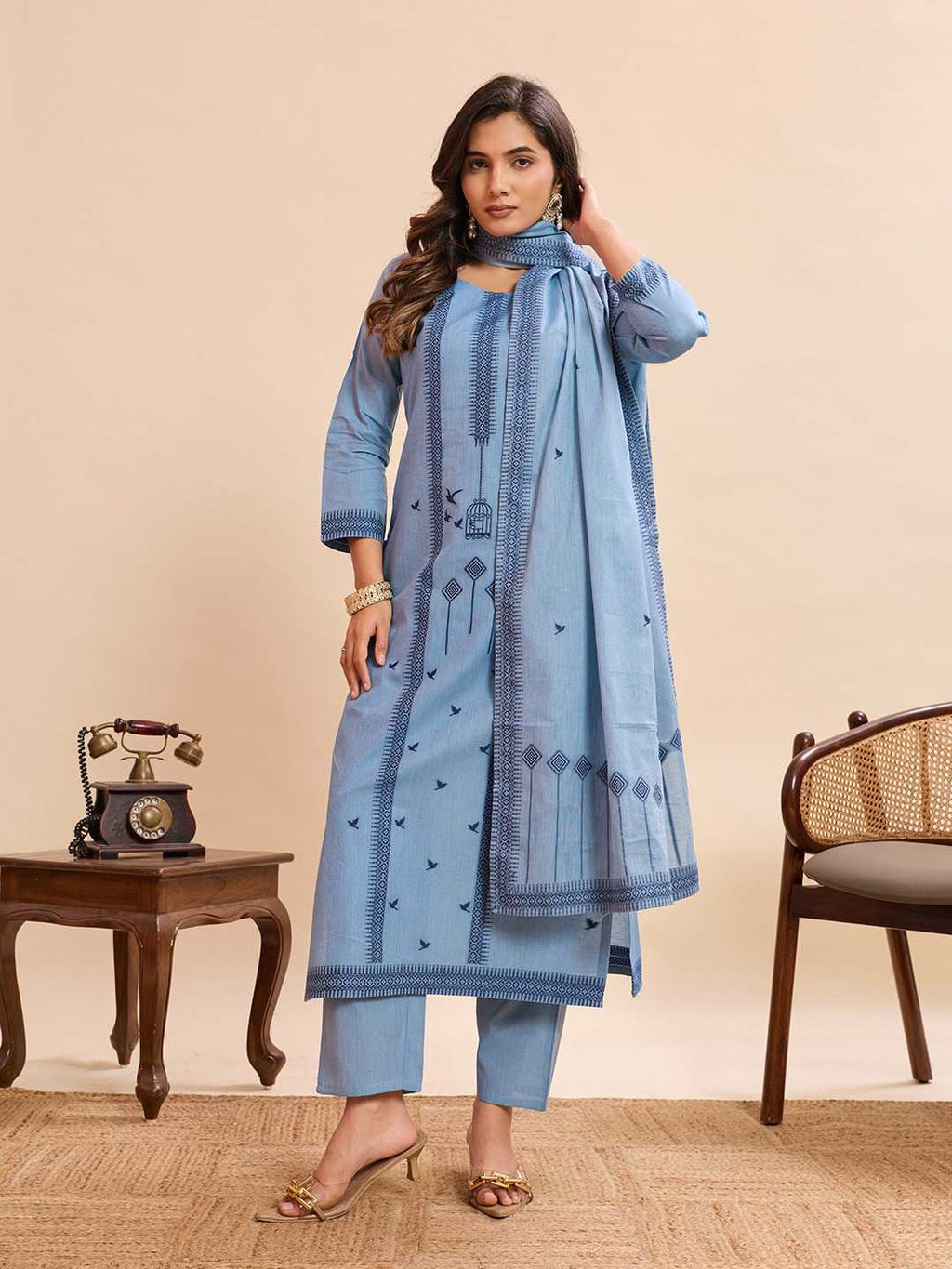 Powder Blue Bird Print Cotton Straight Kurta Set