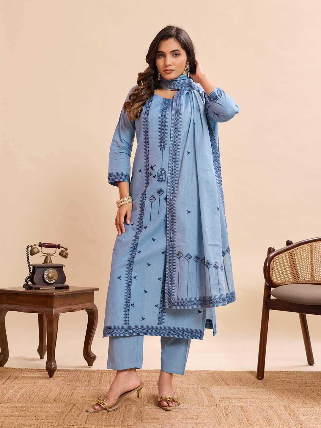 Powder Blue Bird Print Cotton Straight Kurta Set