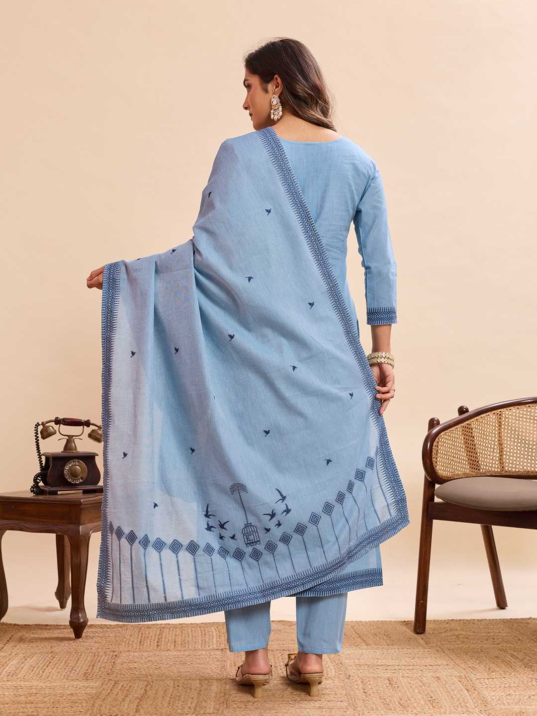 Powder Blue Bird Print Cotton Straight Kurta Set