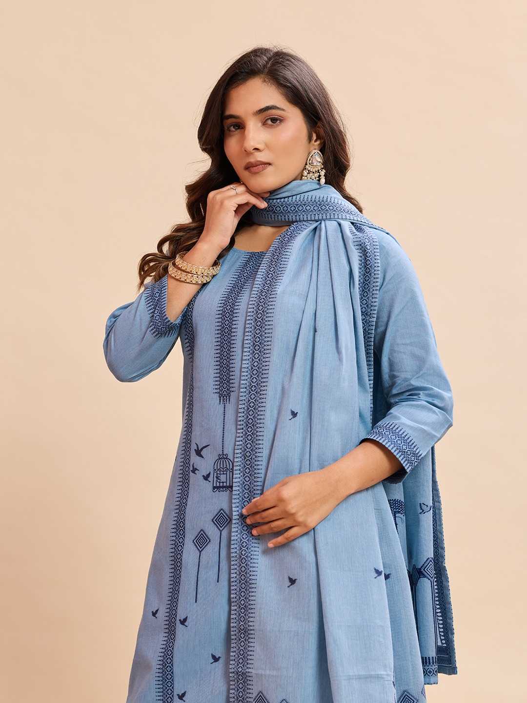 Powder Blue Bird Print Cotton Straight Kurta Set