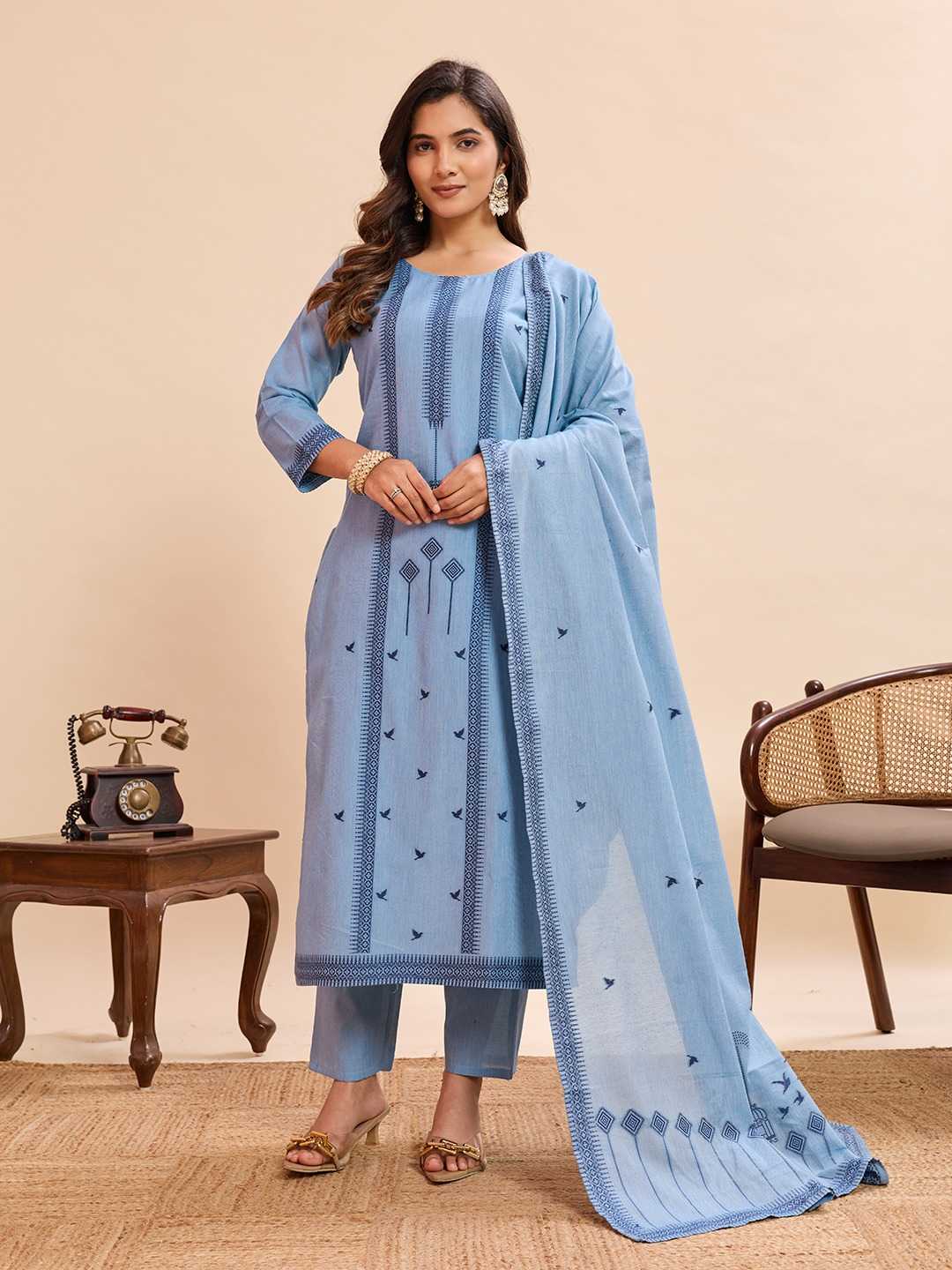 Powder Blue Bird Print Cotton Straight Kurta Set