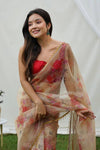 Pure Organza Saree with Floral Print and Golden Cutdana Border