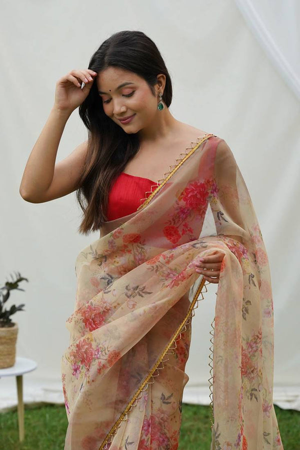Pure Organza Saree with Floral Print and Golden Cutdana Border